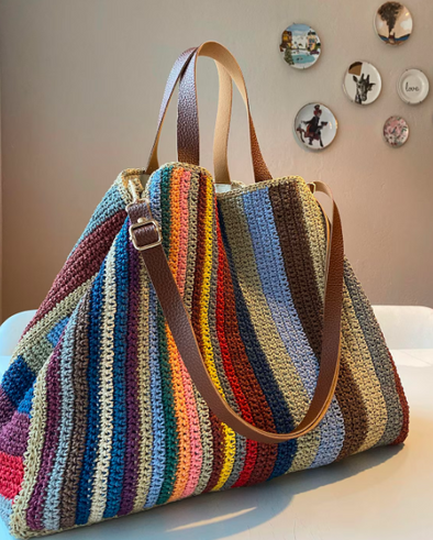 Handmade Crochet Weekend Bag | Large Travel Tote with Genuine Leather Straps