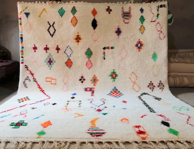 Modern Handmade Moroccan Wool Rug | White Carpet with Multicolor Tribal Patterns