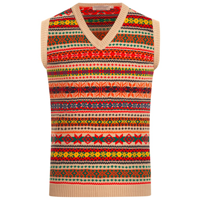 Men’s Beige Fair Isle Knitted Sweater Vest | Retro Sleeveless Tank Top Jumper