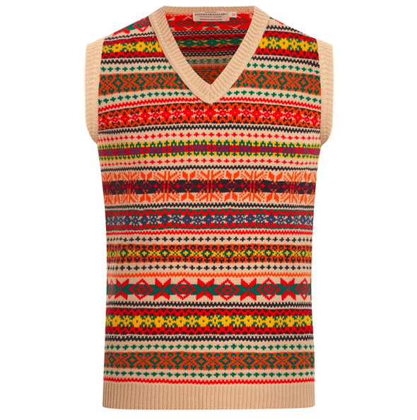 Men’s Beige Fair Isle Knitted Sweater Vest | Retro Sleeveless Tank Top Jumper