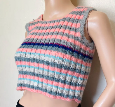 Cropped Vintage Handmade Sweater Top | Hand Knit Striped Crop Tank | Retro Wool Knitwear