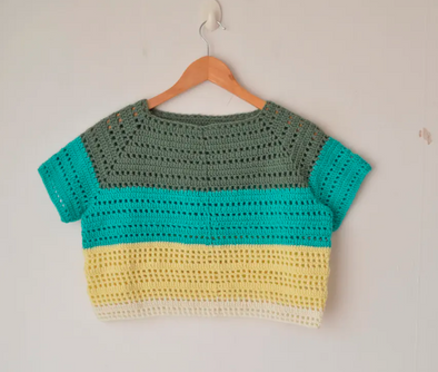 Vintage 1990s Crochet Crop Top | Handmade Striped Knit T-Shirt | Retro Summer Shirt