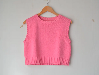 Vintage Bubblegum Pink Cropped Vest | Handmade Knit Sleeveless Top | Retro Knitwear