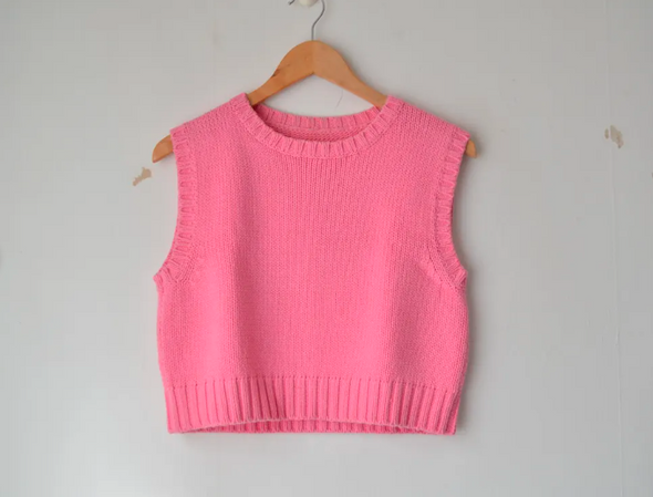 Vintage Bubblegum Pink Cropped Vest | Handmade Knit Sleeveless Top | Retro Knitwear